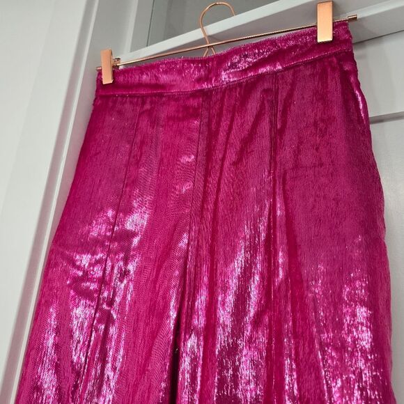 Michael Lo Sordo Marina Metallic Velvet Wide Leg Pant in Bright Hot Pink - Picture 5 of 13